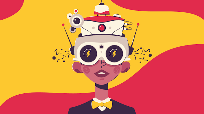 A person wearing futuristic glasses and a bow tie, topped with a robot-like headpiece, against a vibrant yellow and red background.