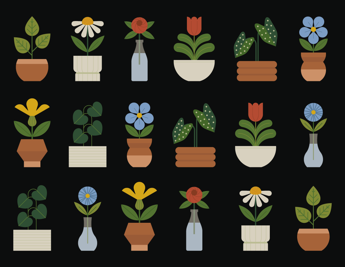 A grid of various potted plants and flowers in different pots and vases.