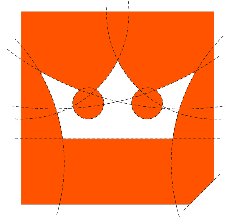 An orange square with a white crown-like shape and two orange circles, outlined with dashed lines.