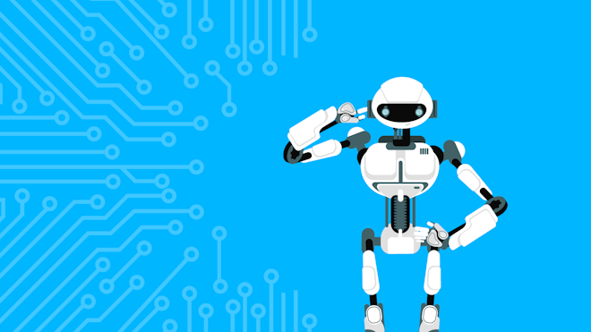 A white robot with black accents stands against a blue background with circuit-like patterns.
