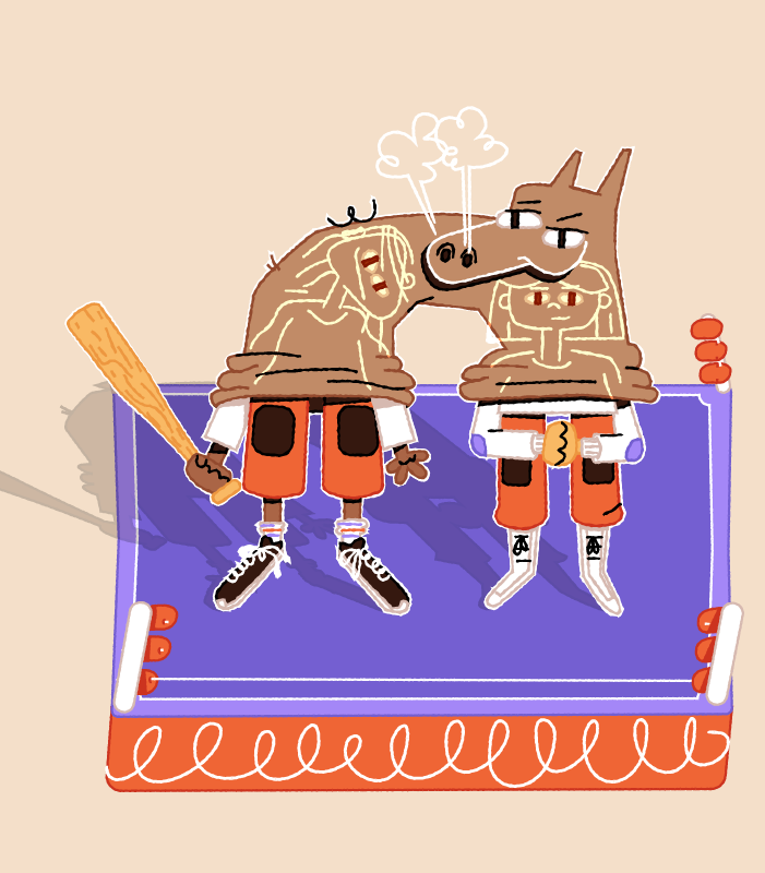 Two cartoon dogs in boxing attire face off on a ring; one holds a baton.