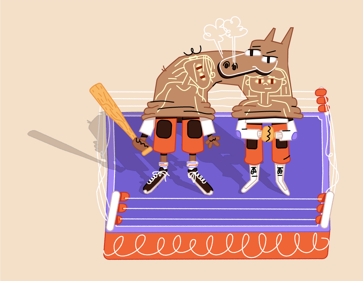 Two cartoon moose boxers in red shorts face each other in a boxing ring; one holds a baton.