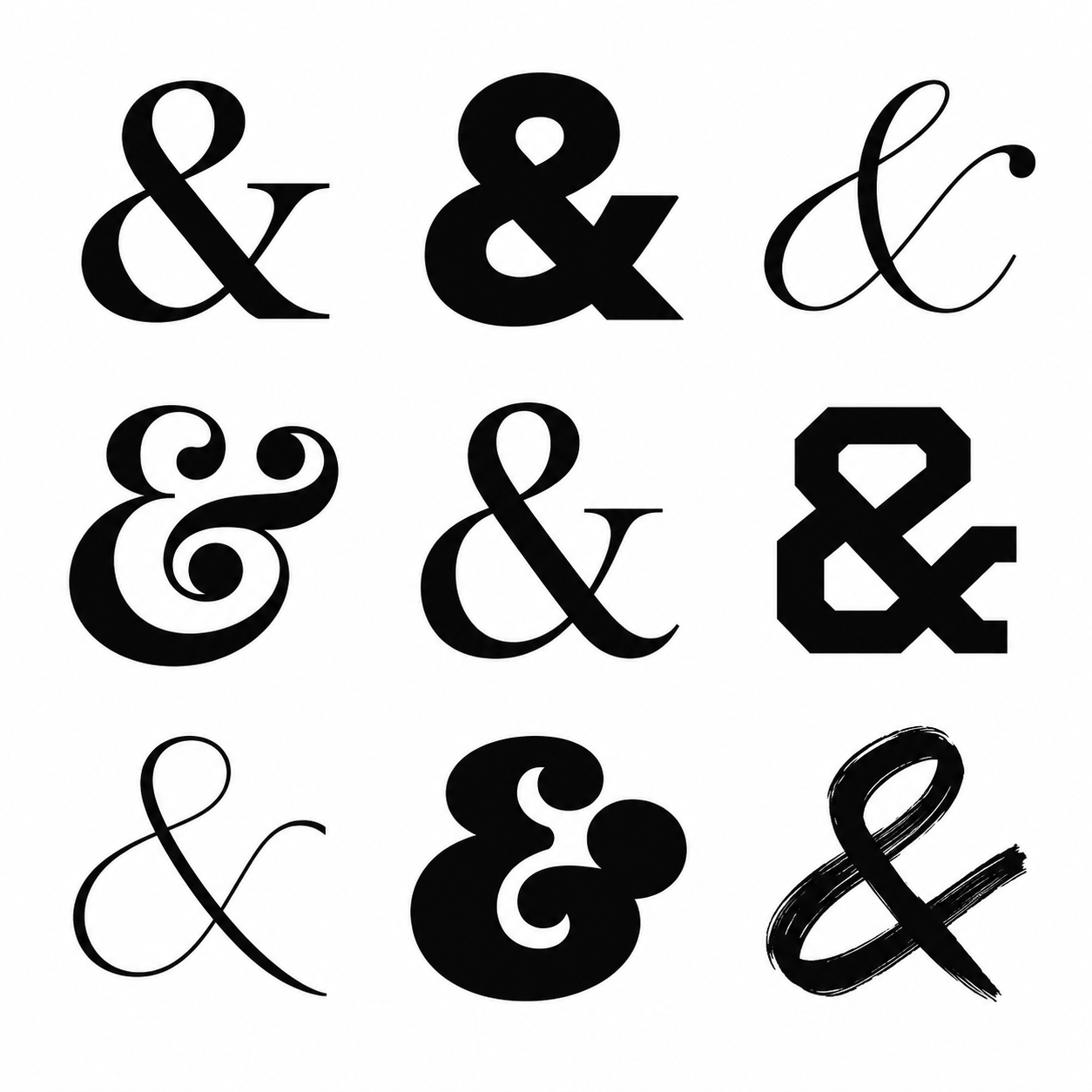 Nine different ampersand symbols arranged in a 3x3 grid.