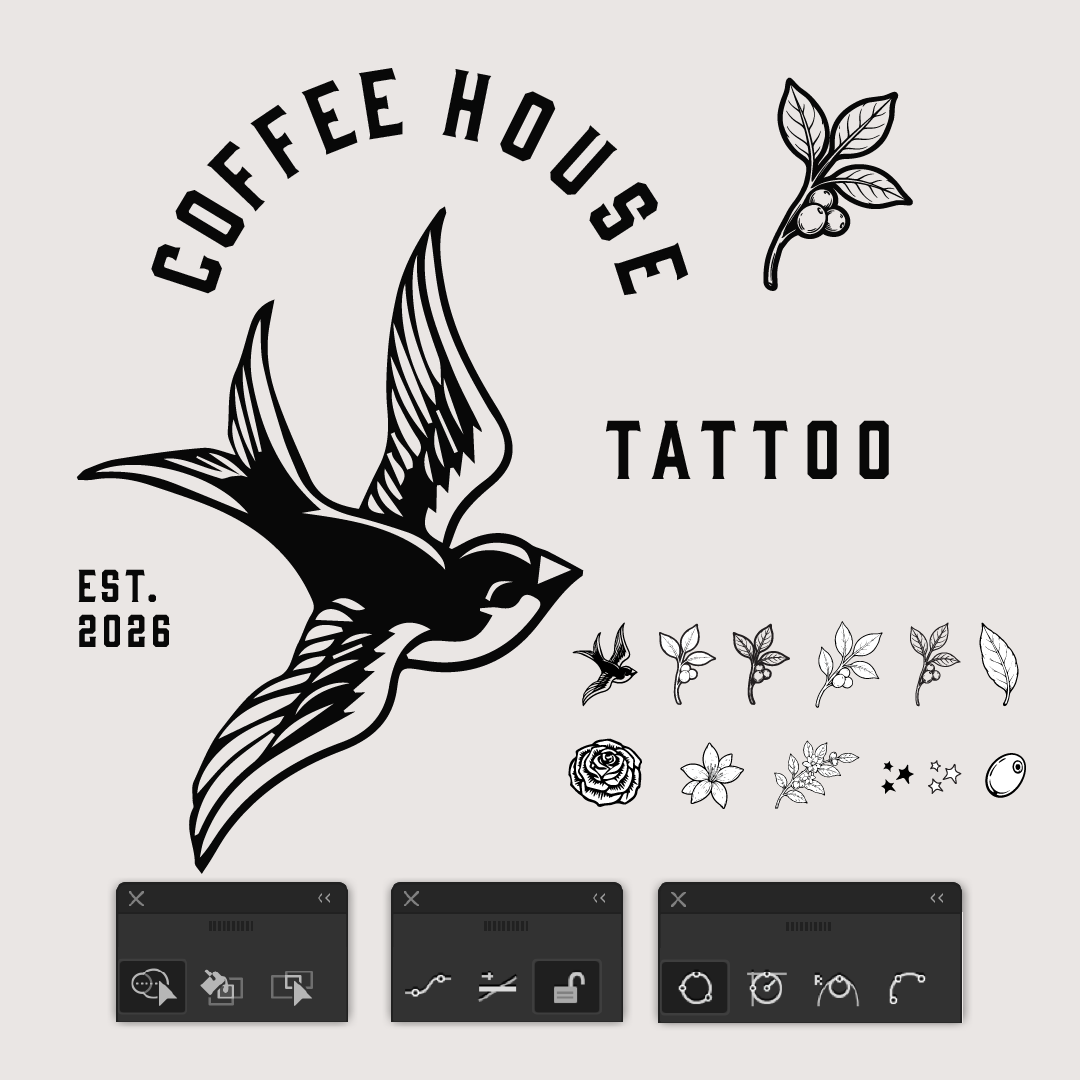 A logo for Coffee House Tattoo, established 2026, featuring a flying bird, coffee beans, and various floral and star designs.