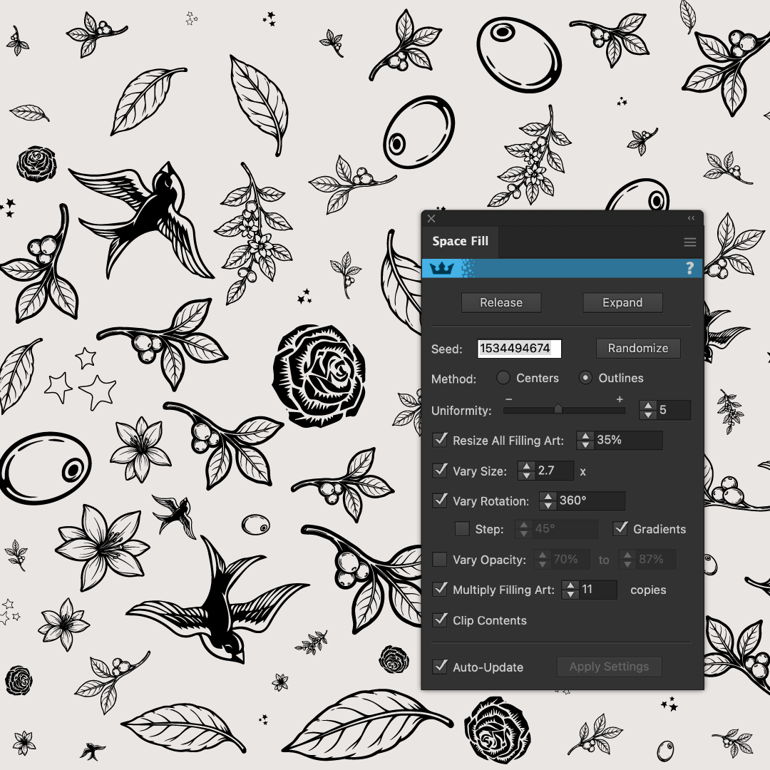 A black and white patterned background with birds, flowers, and leaves, overlaid with a 'Space Fill' settings window.