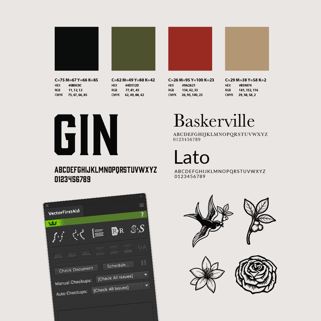 A design layout featuring color swatches, typography examples (Baskerville and Lato), and decorative icons (bird, leaf, flower, rose).