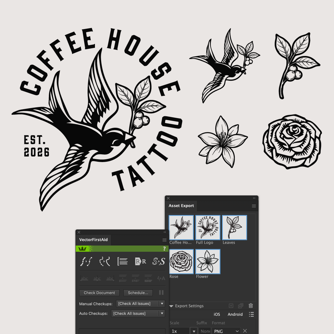 A coffee house tattoo logo with a bird, leaves, and flowers, alongside an asset export panel showing logo variations.