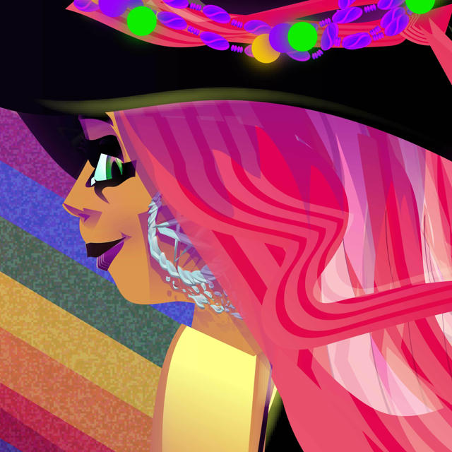 A vibrant, abstract portrait of a person with flowing hair and a colorful hat, set against a rainbow-striped background.