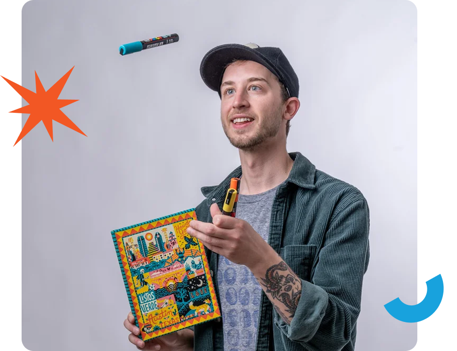 A man in a cap holds a colorful book and a marker, with a starburst and a blue shape in the corners.
