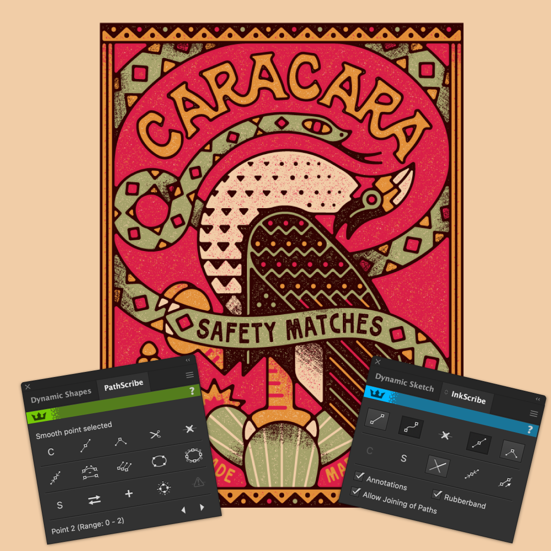 A vibrant poster for Caracara Safety Matches features a stylized snake and cactus, with two software interface panels showing drawing tools.