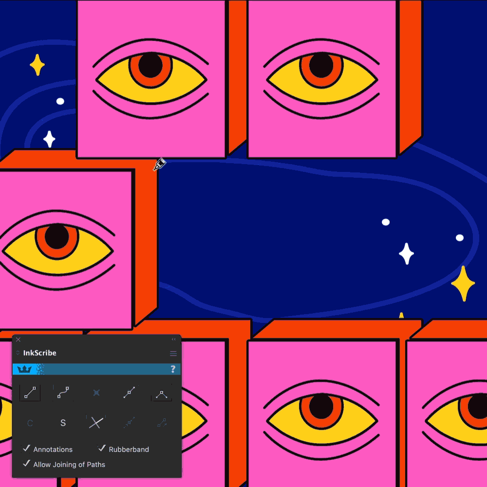 A vibrant abstract design featuring pink squares with yellow-orange eyes, set against a dark blue cosmic background with stars.