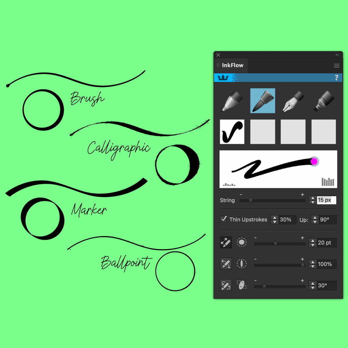 A green background displays various line styles labeled Brush, Calligraphic, Marker, and Ballpoint, alongside a digital drawing tool interface labeled InkFlow.