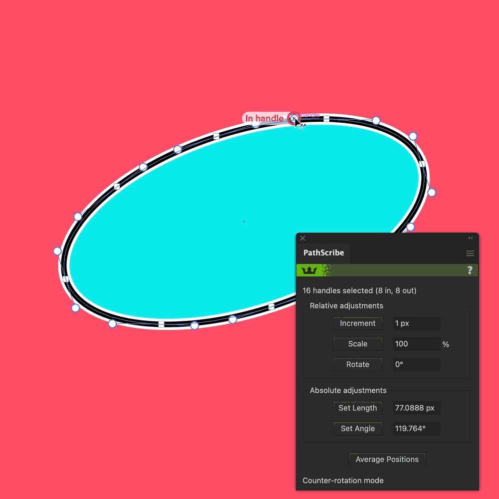 A teal oval shape with white and black handles on a red background, accompanied by a PathScribe tool window showing adjustments.