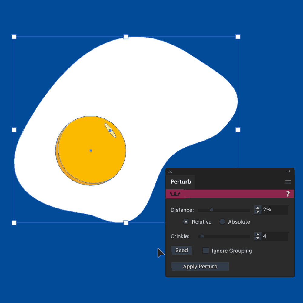A fried egg graphic with a yolk and a perturbation tool interface showing settings.