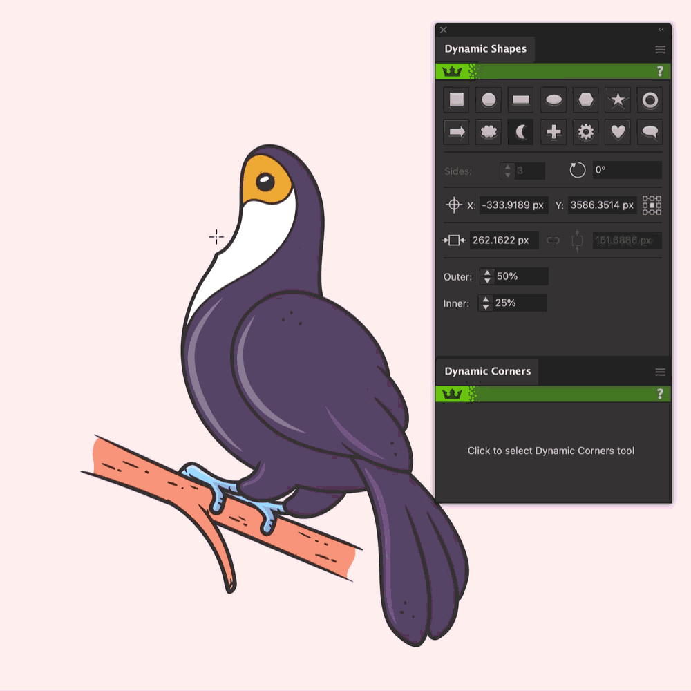 A cartoon bird perched on a branch, with a digital interface showing dynamic shapes and corners settings.