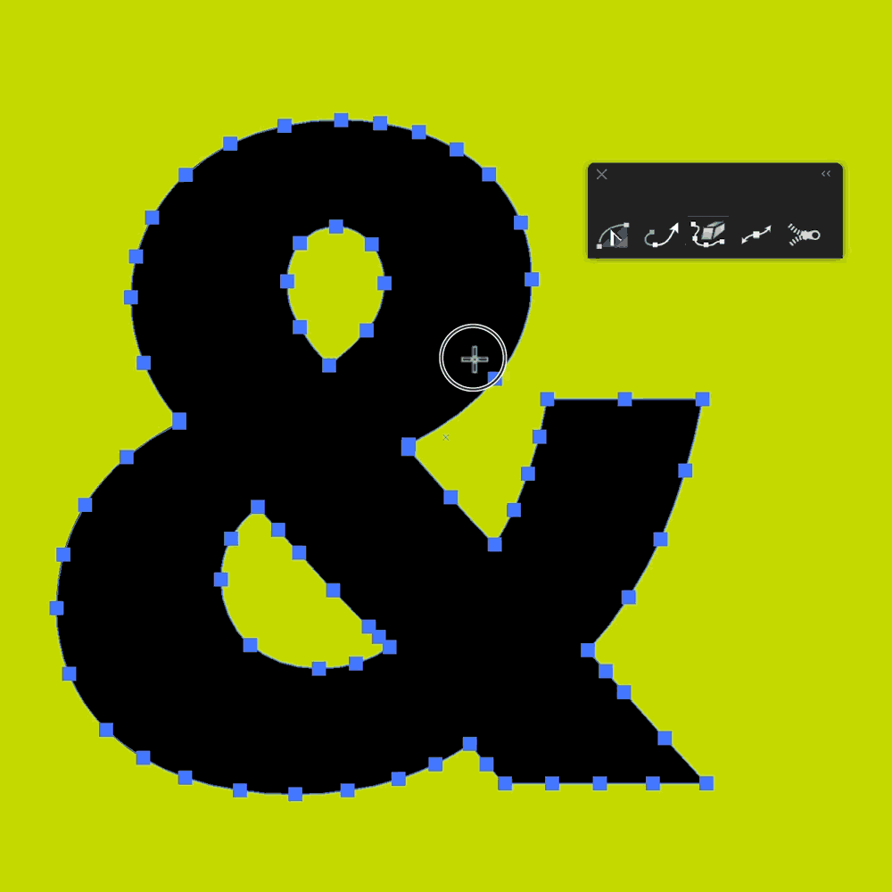A black ampersand symbol with blue nodes on a yellow background, accompanied by a toolbar with icons.