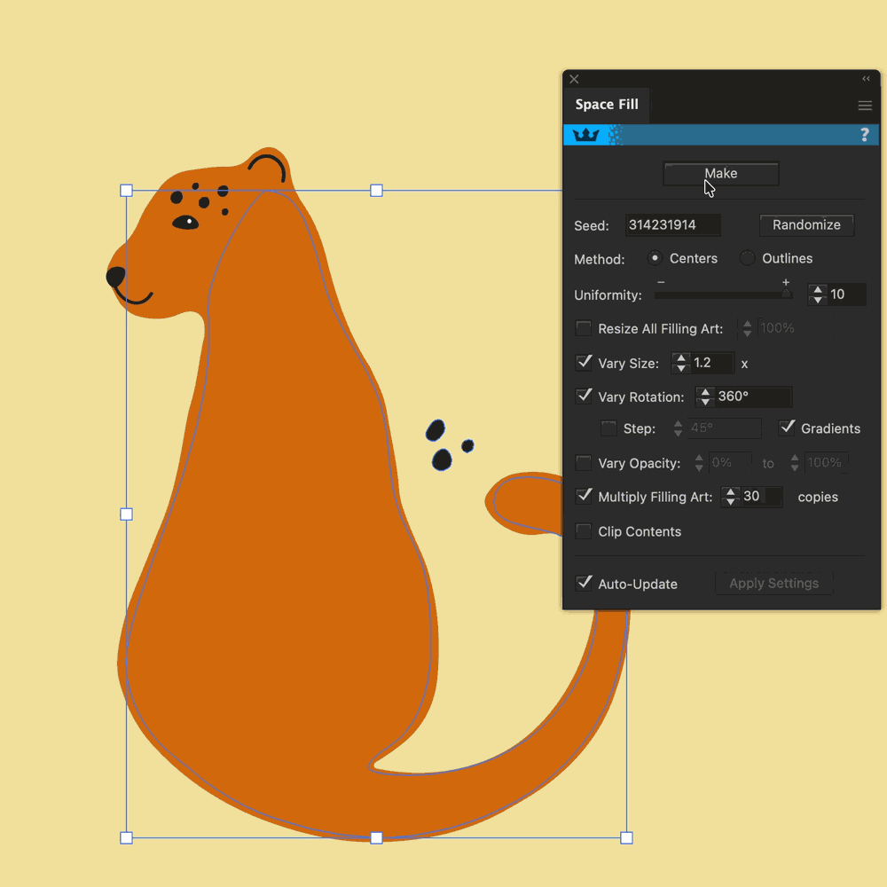 A cartoon bear with a long tail and spots, outlined with a blue bounding box, next to a Space Fill settings panel.