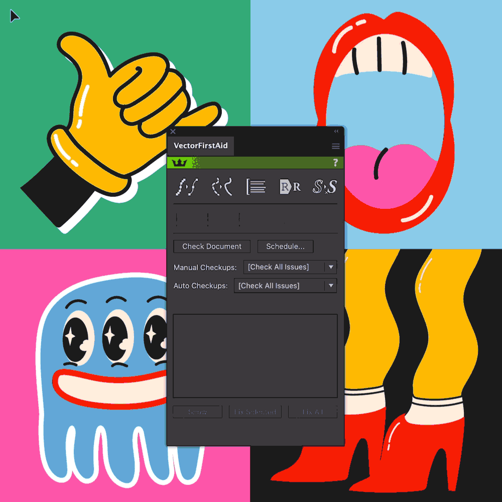 A cartoon hand points to a VectorFirstAid interface, with a blue creature and a red figure in the background.