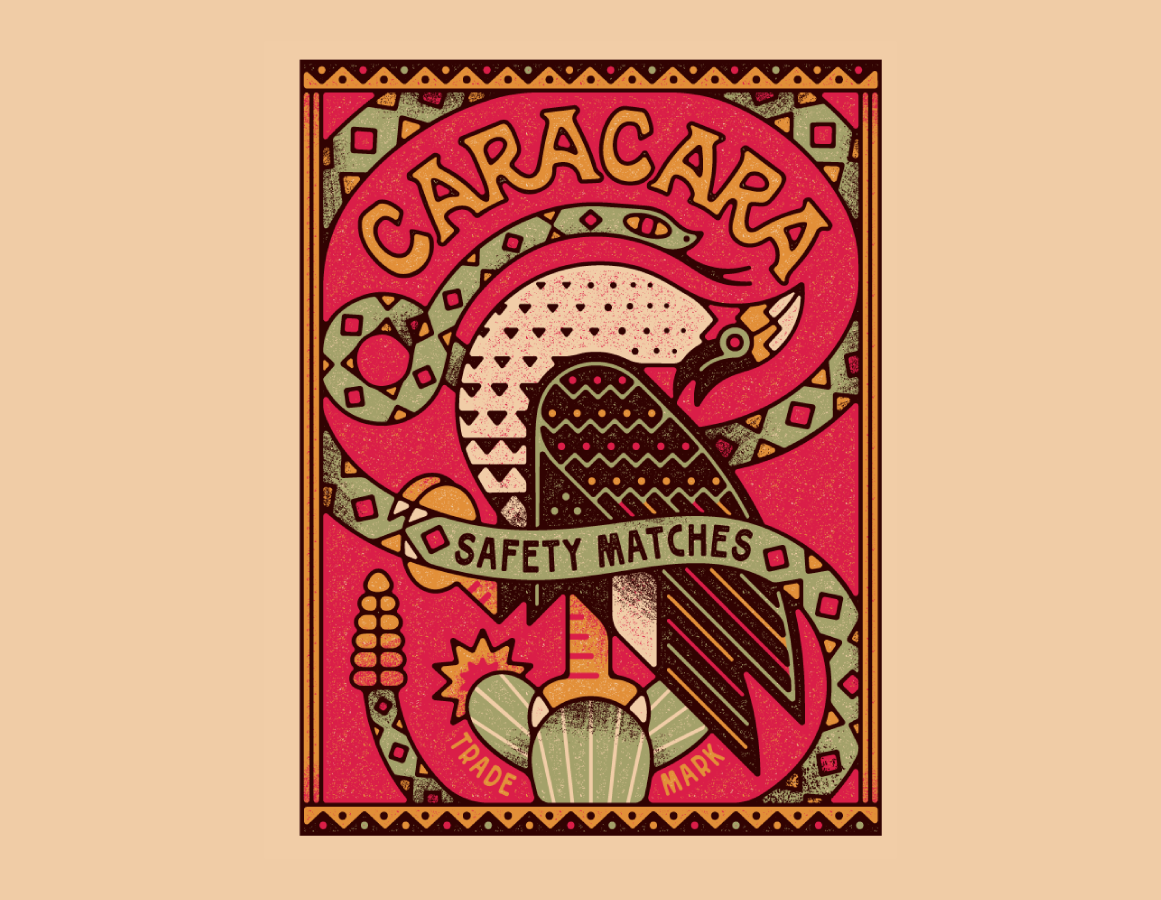 Caracara Safety Matches logo with bird, cactus, and geometric patterns.