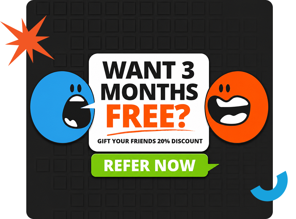 A promotional graphic offers 3 months free and a friend referral discount; two cartoon faces express excitement on either side.