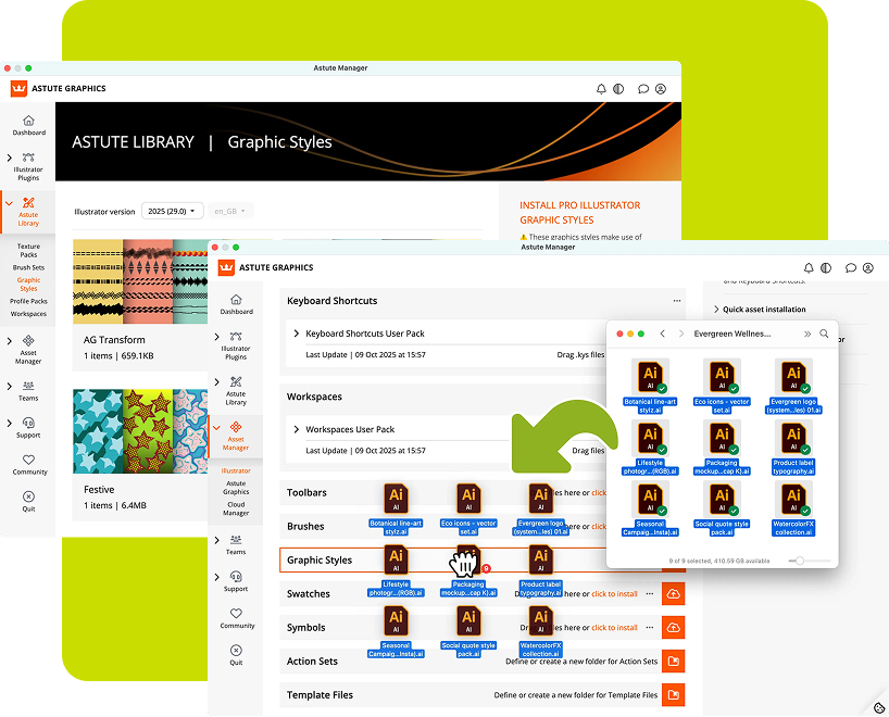Software interface showing Astute Graphics library with various assets like brushes, graphic styles, and templates.