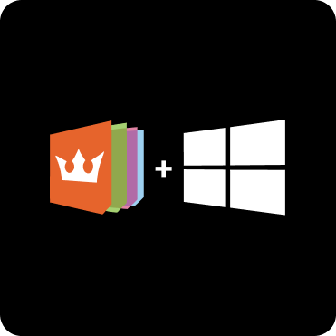 A crown icon on an orange book next to a Windows logo on a black background.
