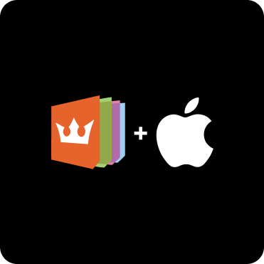 Stacked colorful books with crown logo plus Apple logo on black background.