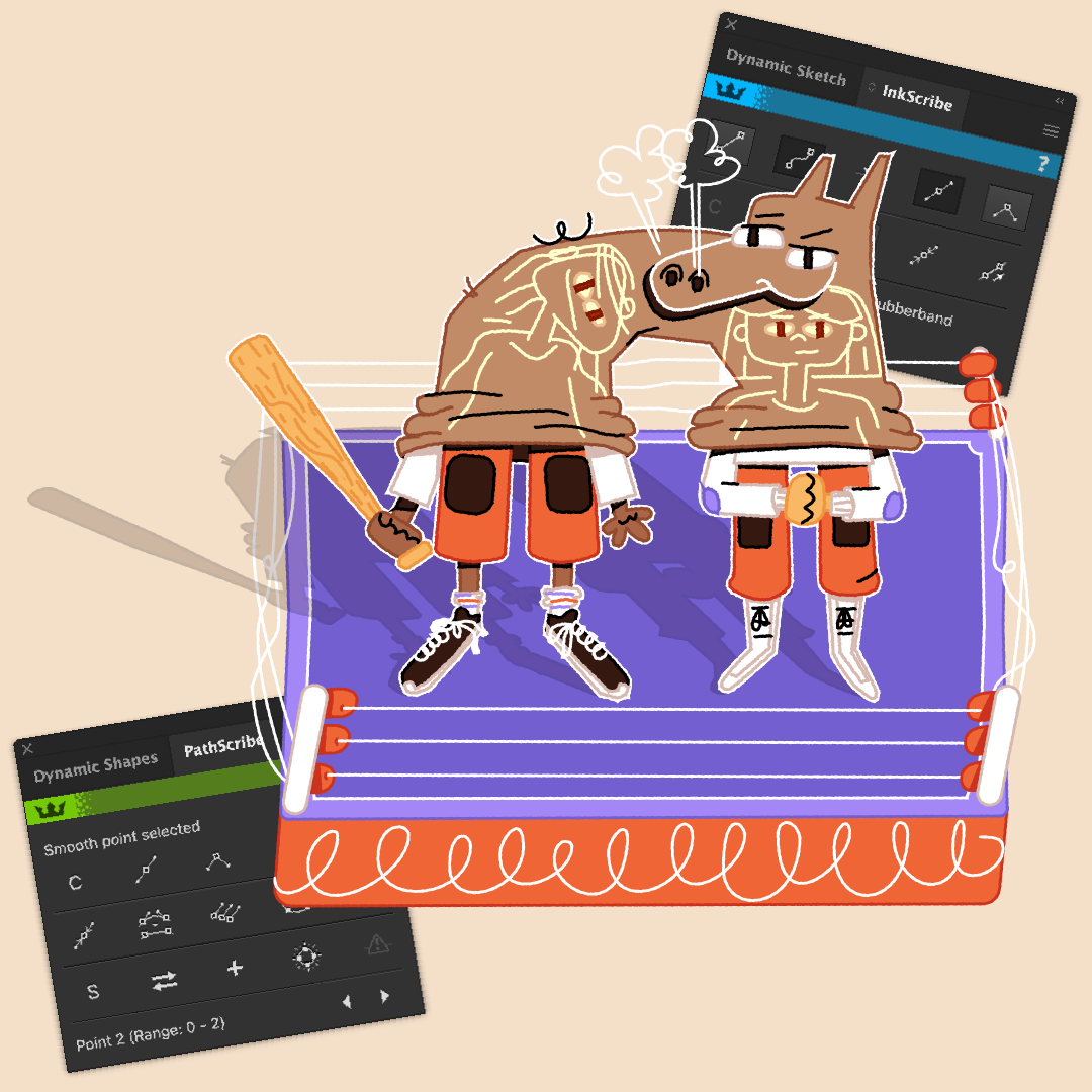 Two cartoon figures in a boxing ring, one holding a baton and the other appearing surprised, with digital drawing tools visible around them.