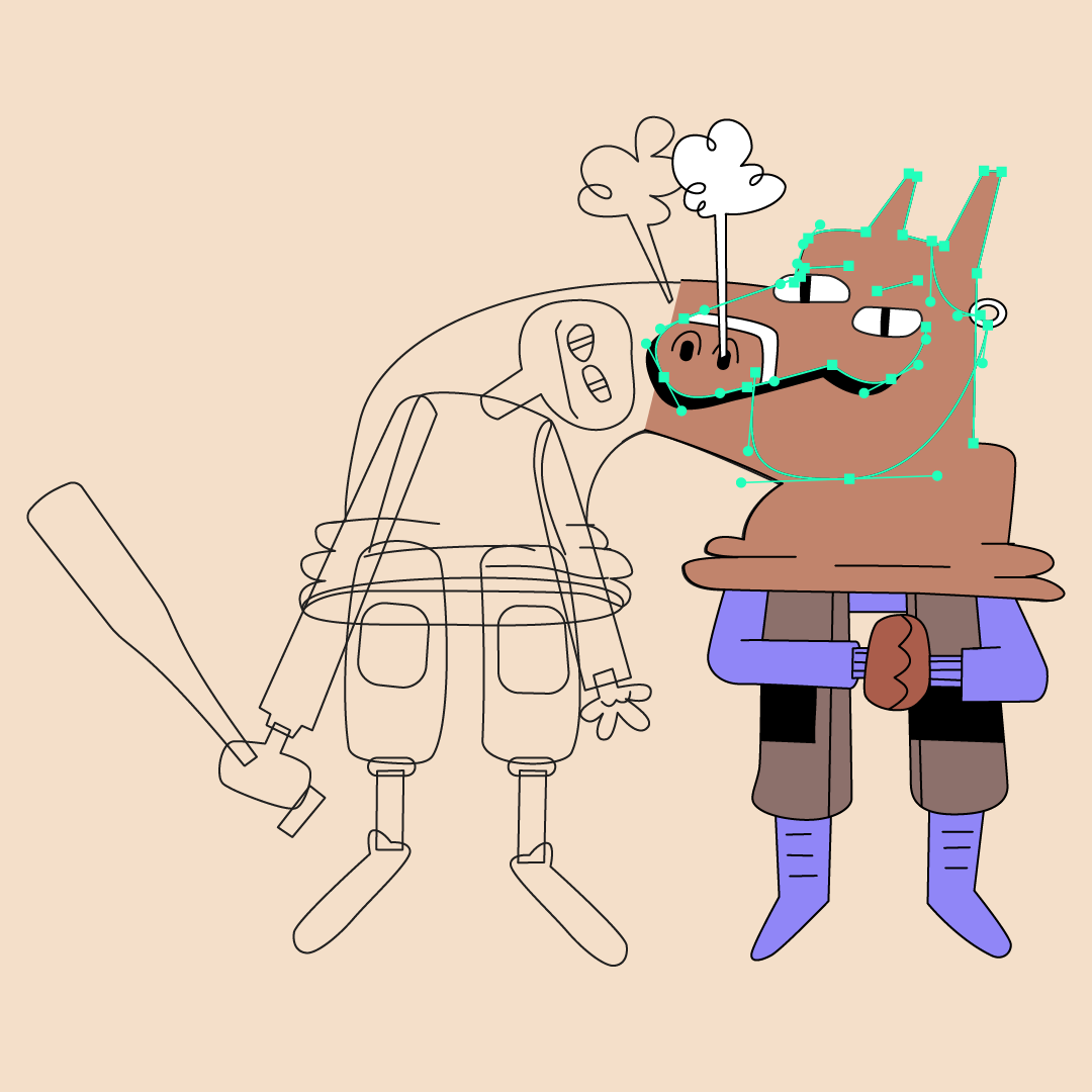 A cartoon pig wearing a suit and holding a baseball bat stands beside a mechanical figure with multiple limbs.