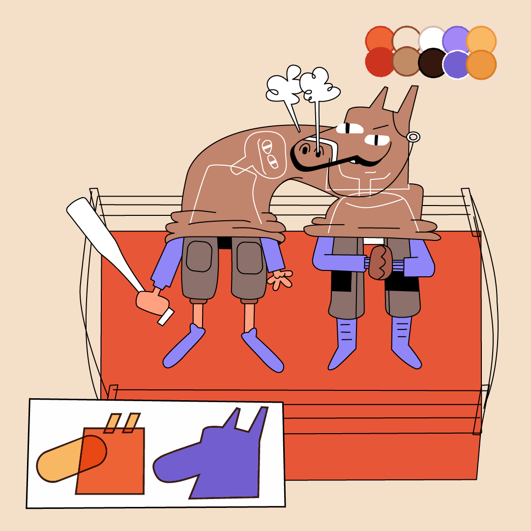 Two cartoon rhinos in a boxing ring, one holding a baton and the other a glove, with color palettes above their heads.