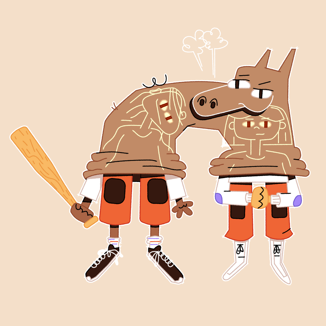 Two anthropomorphic dogs in orange shorts and sneakers hold a baseball bat; one has a mustache and the other wears gloves.