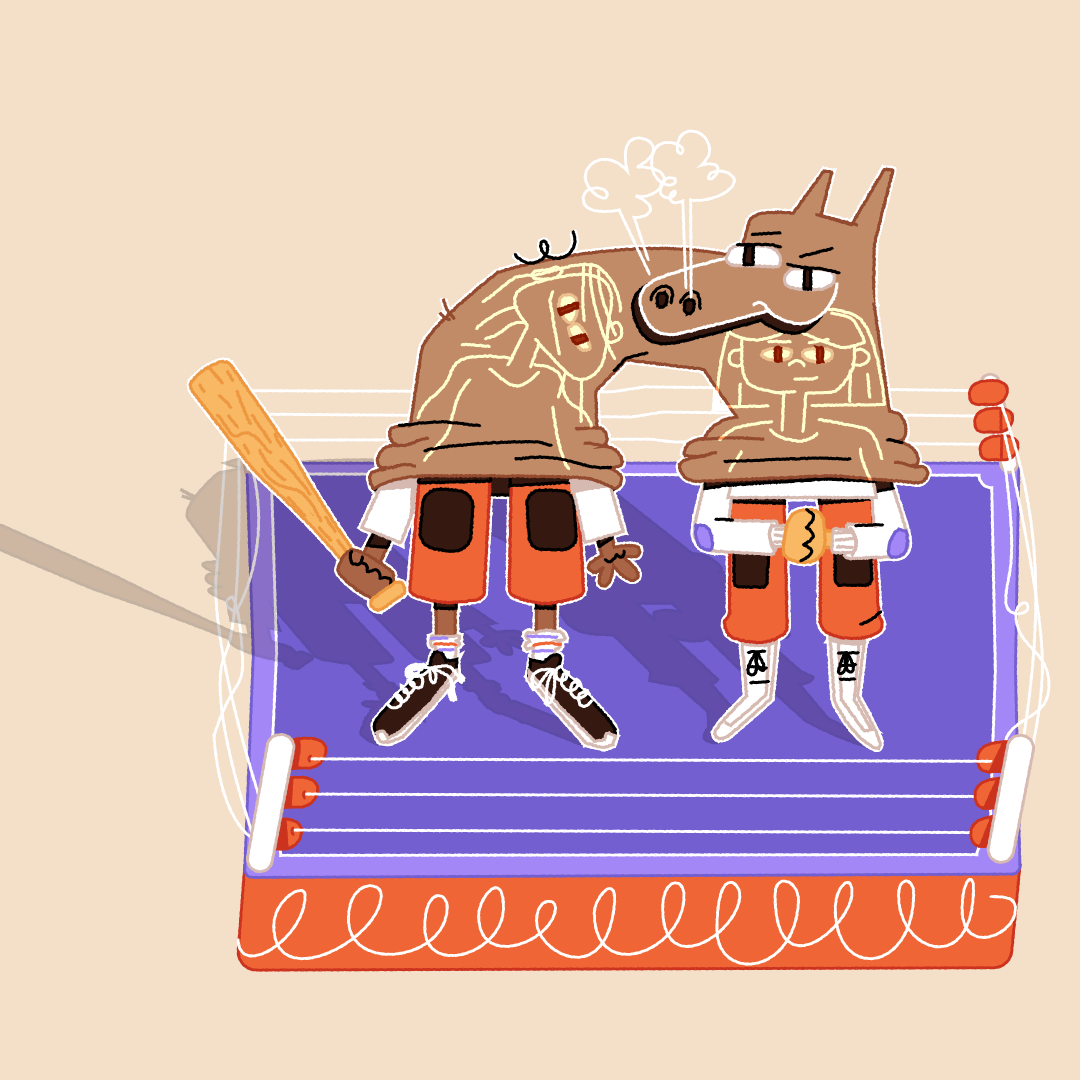 Two cartoon dogs in boxing ring, one holding baton, both wearing red shorts and white gloves.