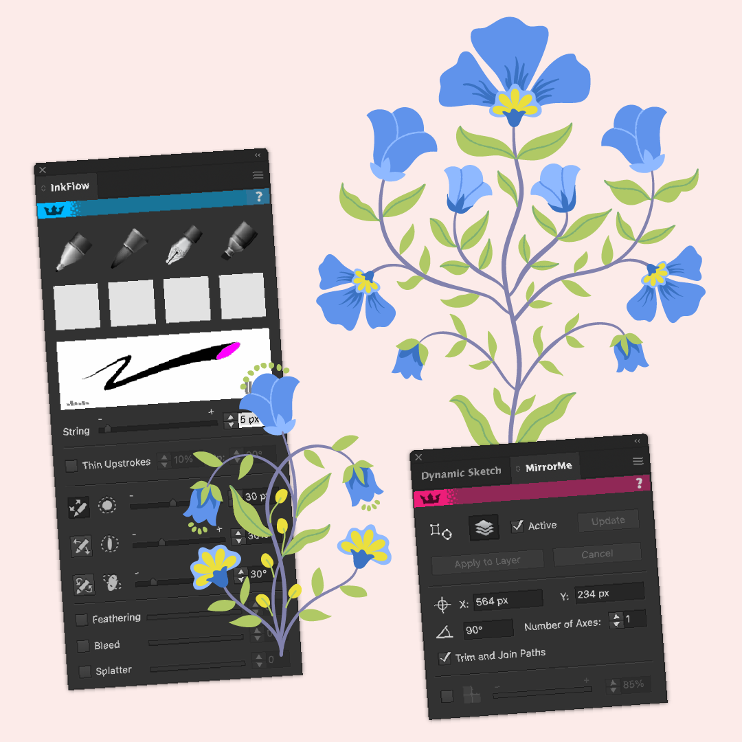 A digital illustration featuring blue flowers and green leaves alongside a graphic interface showing drawing tools and settings for creating dynamic sketches.