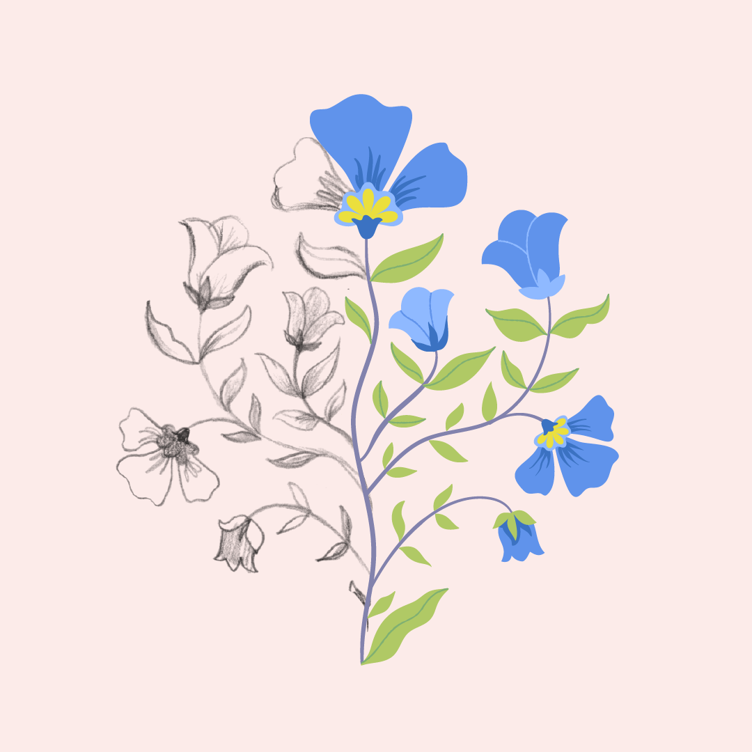 A floral arrangement featuring blue and yellow flowers with green leaves on a light background.