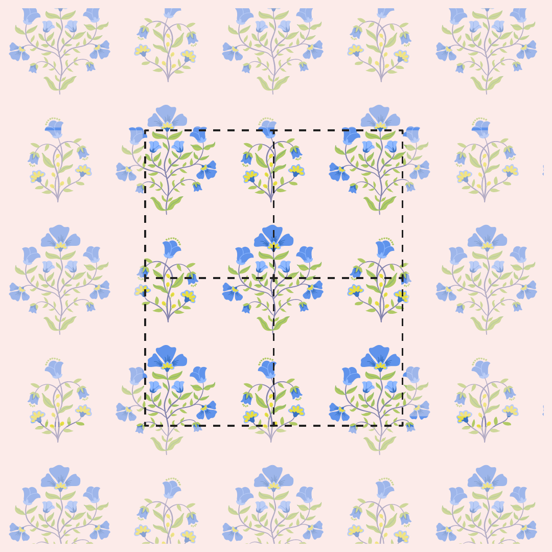 A repeating pattern of blue and yellow flowers on a light pink background, arranged in rows with dashed lines indicating symmetry.