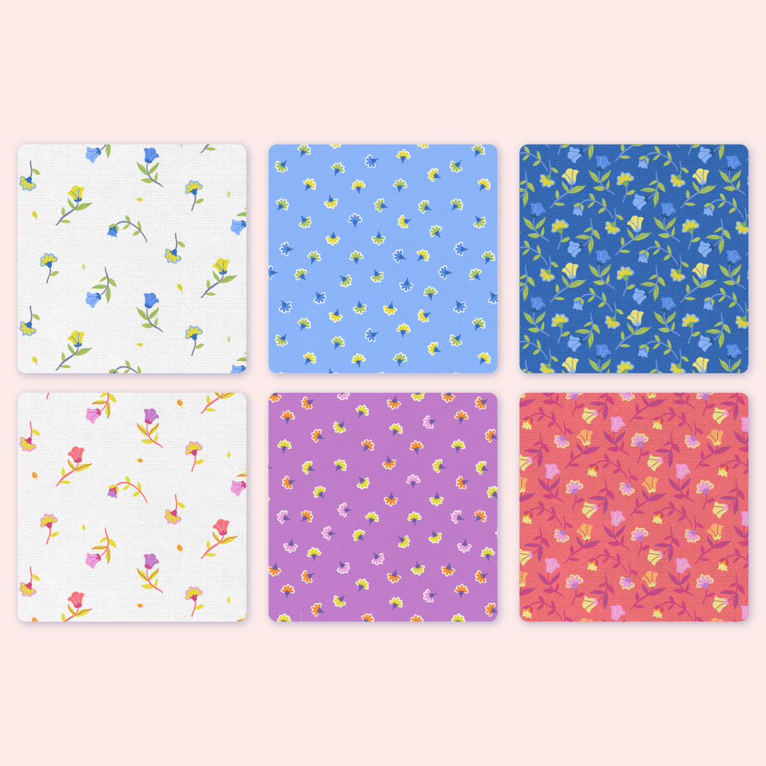 Six floral patterns in white, blue, dark blue, pink, purple, and red backgrounds showcase small flowers and leaves.