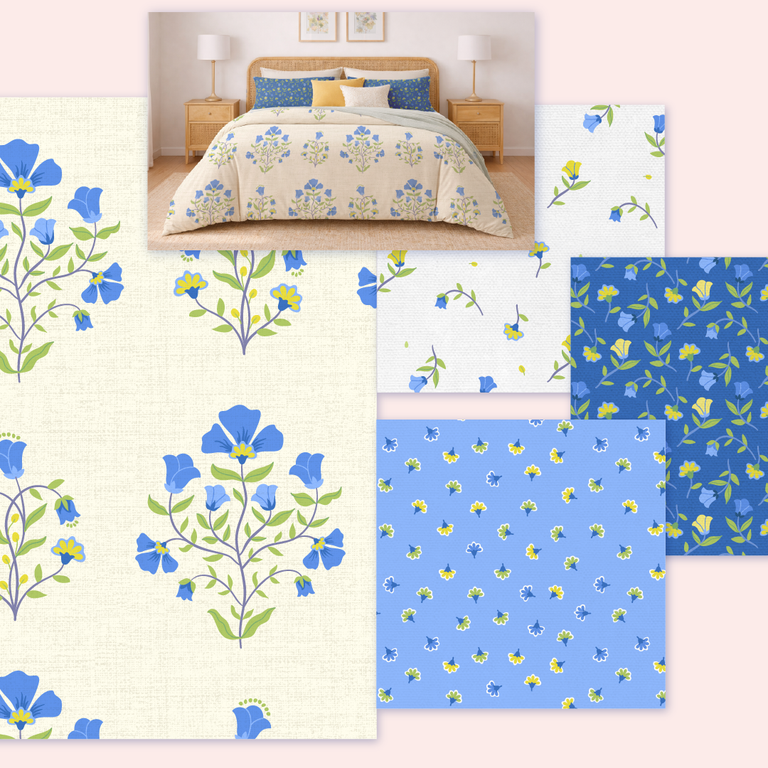 A collage featuring floral patterns in blue and yellow on various backgrounds, including a bedroom scene with matching bedding.