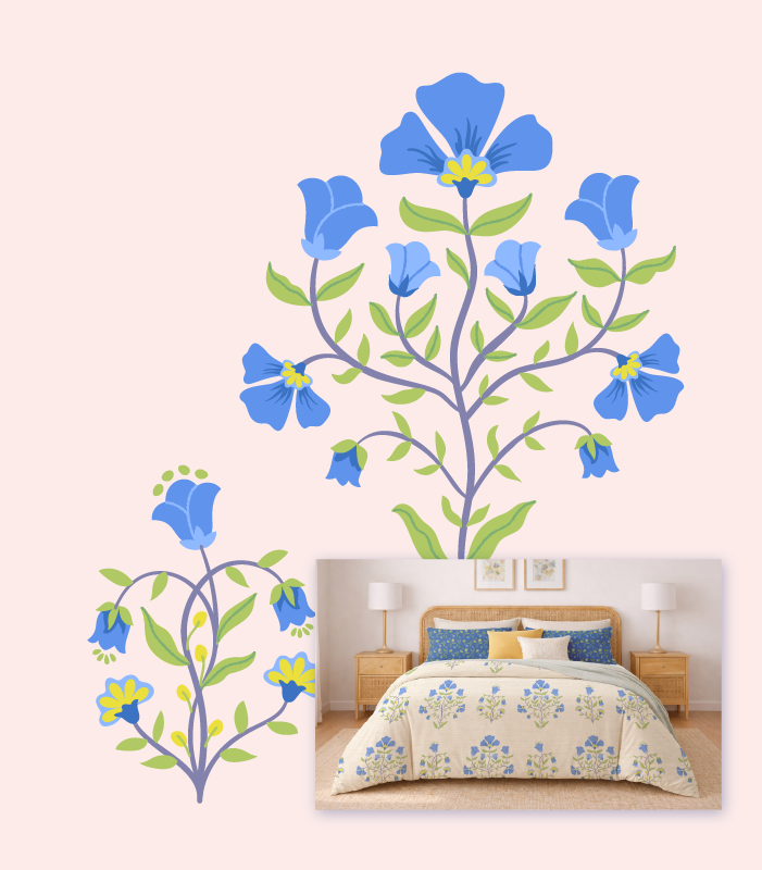 A bedroom features a bed with blue and yellow floral bedding; wall art displays two stylized blue flower arrangements.