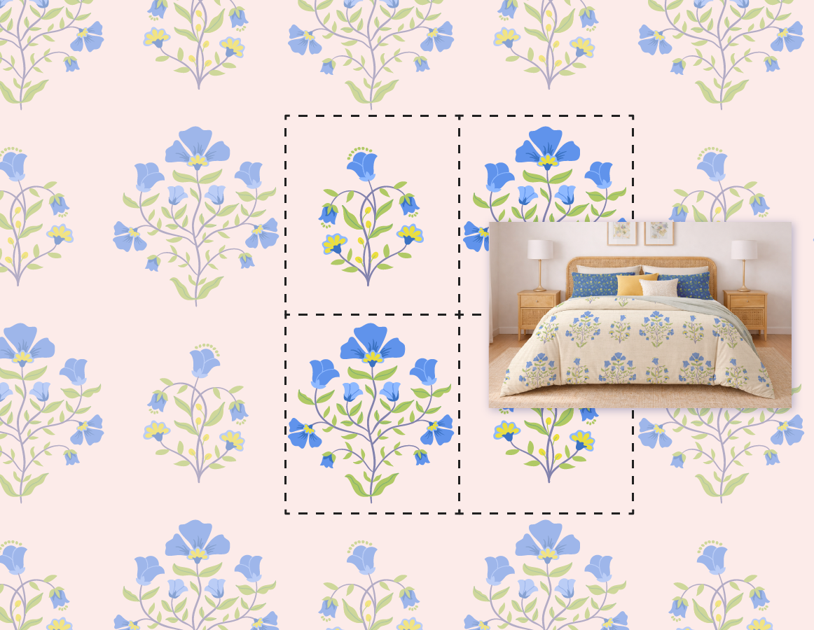A floral wallpaper pattern with blue and green flowers on a light background is shown alongside a bedroom scene featuring a bed with matching bedding, two nightstands, lamps, and framed artwork above the headboard.