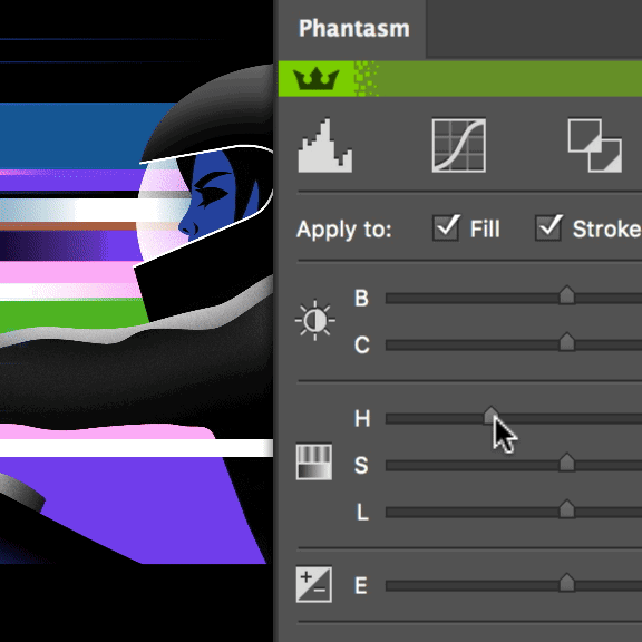 A digital interface showing a Phantasm tool with sliders for B, C, H, S, L, and E adjustments over a colorful abstract background featuring geometric shapes and lines.