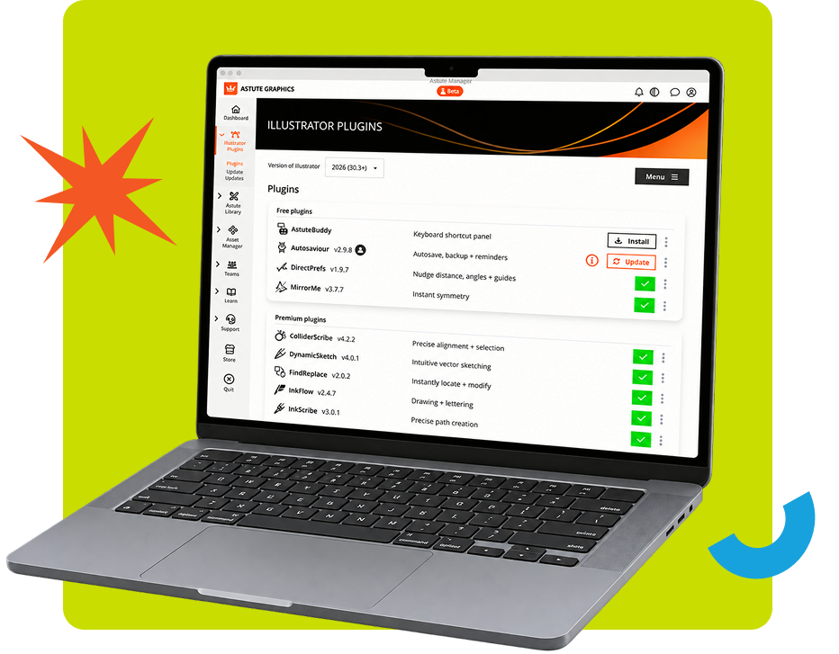 A laptop displays the Astute Graphics Illustrator Plugins interface on a bright yellow background.
