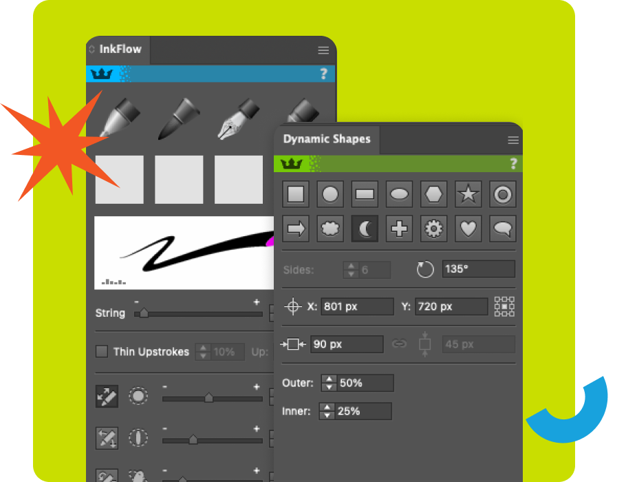 A digital interface showing InkFlow and Dynamic Shapes tools with various settings and shapes displayed on a bright yellow background.