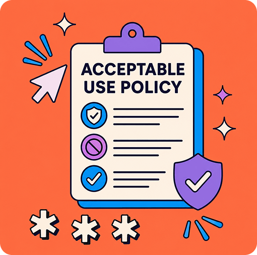 A clipboard with an "ACCEPTABLE USE POLICY" document and checkmarks on a vibrant orange background.