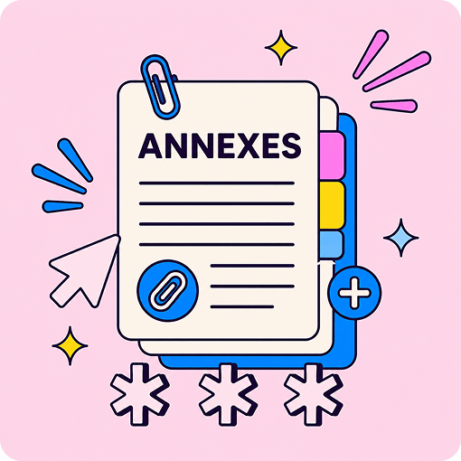 A document titled "ANNEXES" is clipped to a folder with colorful tabs and decorative elements around it on a pink background.