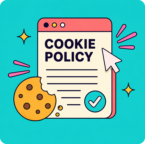 A cookie policy document with a checkmark and an arrow pointing to it, accompanied by a cookie graphic on a teal background.