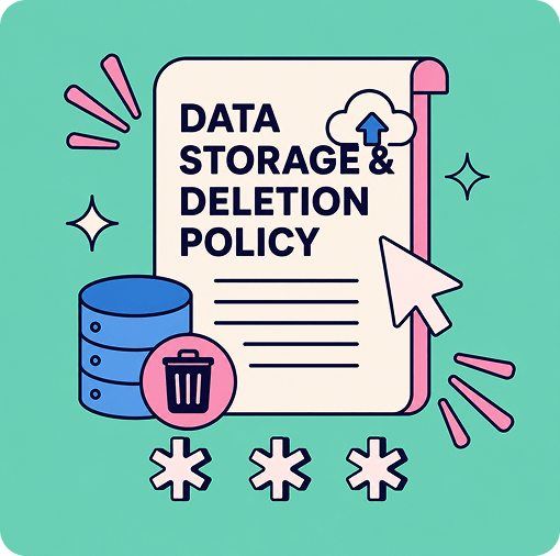 Illustration of a document titled "DATA STORAGE & DELETION POLICY" with icons representing data storage and deletion processes, including a trash can symbol.