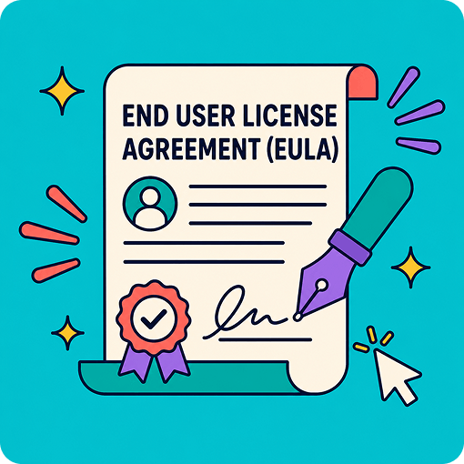 End User License Agreement (EULA) document with a signature and checkmark, pen, and mouse cursor on blue background.