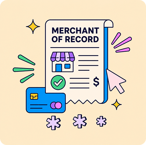 A colorful illustration featuring a "Merchant of Record" document, a store icon, a checkmark, and a credit card, all surrounded by decorative elements like stars and arrows.