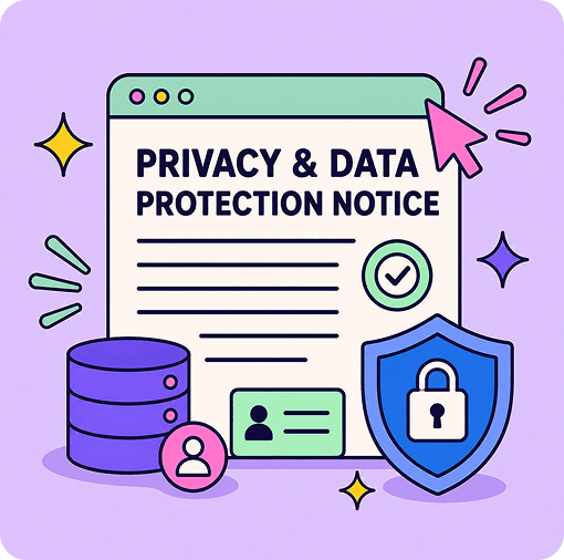 Privacy and data protection notice displayed on a screen with a shield and database icons below.