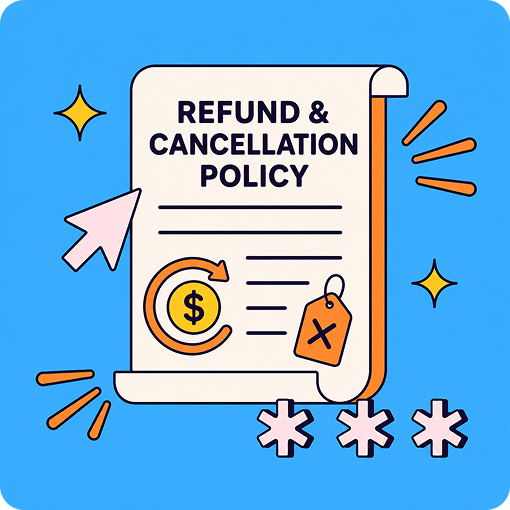 A document titled "Refund & Cancellation Policy" features a dollar sign and an X tag on a blue background with decorative elements like stars and arrows.